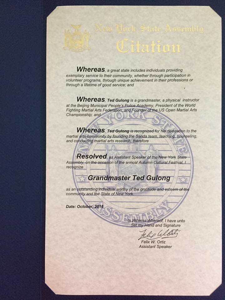 New York State Assembly, Assistant Speaker: Felix W. Ortiz, issued citation to the World Fighting Martial Arts Federation (WFMAF) for hosting the 2016 U.S. Open Martial Arts Championship.